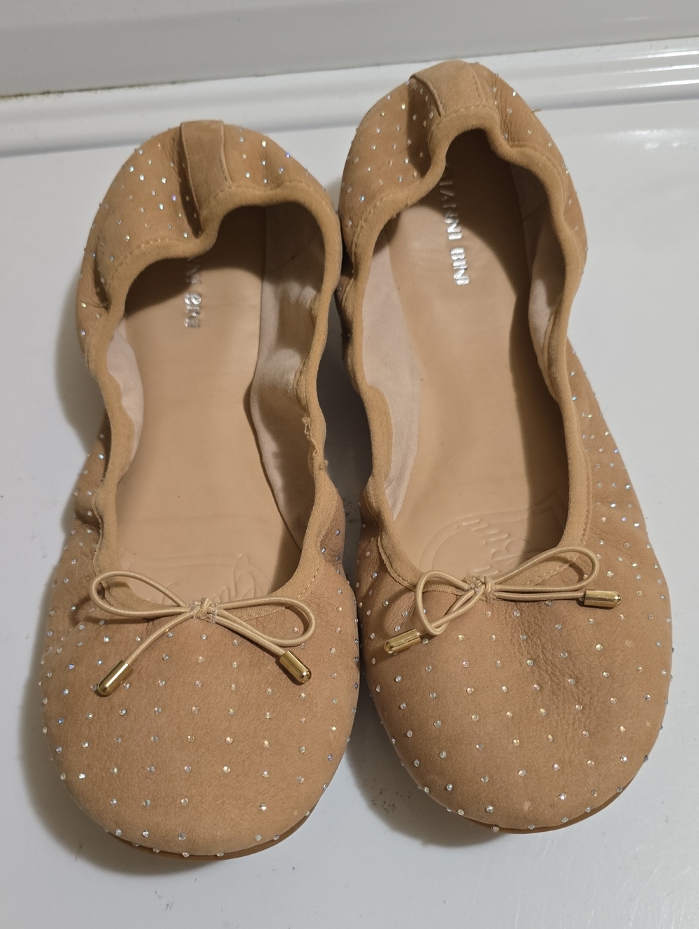 Gianni Bini Tan Ballet Flats with Bow and Stud Accents